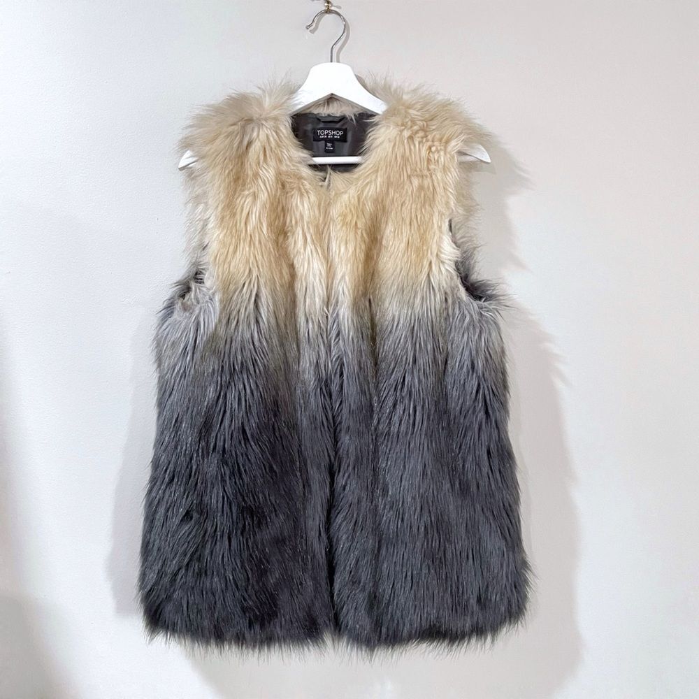 Topshop Ombre Faux Fur Vest Blonde to Gray Gradient Gilet Mobwife, Sz UK 10 US 6
